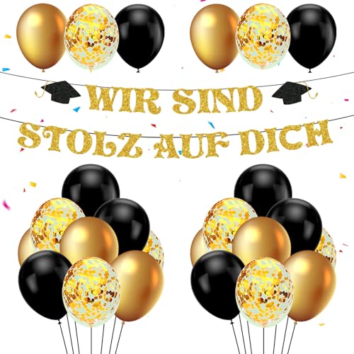 Banner Abschluss Girlande 2025 Set mit 18 Stück Graduation Luftballons, Abschlussfeier Deko, abschluss deko, Schwarz Gold Latexballons Konfetti, für Oberschule Universität Abschlussfeier von HWJPDMBD