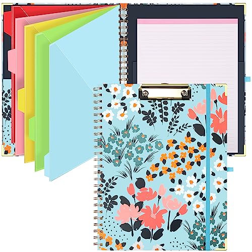 HWPRATO Spiral-Klemmbrett-Folio mit nachfüllbarem liniertem Notizblock, 5 Ordner mit Stauraum, 10 Taschen, perfekt für die Pflege, Studenten, Trainer (Blumenblau) von HWPRATO