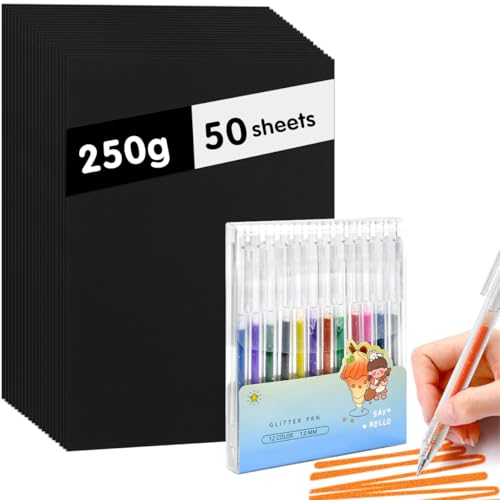 HWSWSH 50 Stück A4 Tonpapier, Tonkarton A4 250gr/m2, Dickes Bastelkarton Papier mit 12 Glitzerstiften, Scherenschnittpapier Schwarzes Papier für Fotografie, Präsentationen, Basteln,Fotokarton von HWSWSH