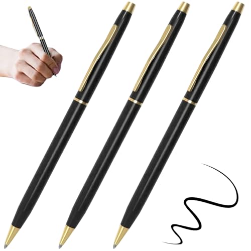 HWXZUUO Kugelschreiber schwarze Tinte 3pcs 1mm Tipp Edelstahl Kugelschreiber mit Clip Exquisite Black & Gold 5 Länge Slim für Schule, Büro, Business Metal Pen von HWXZUUO