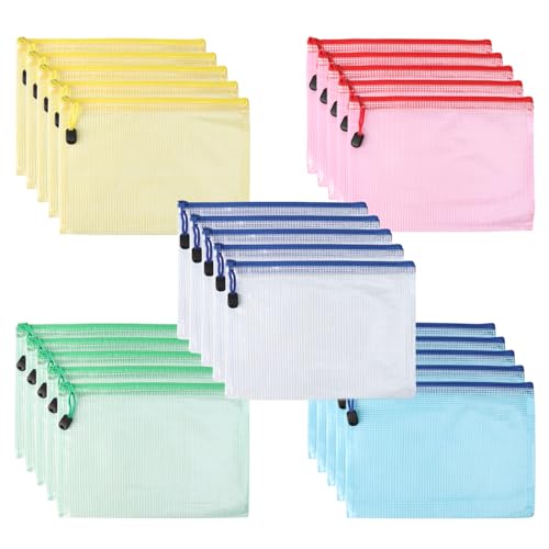 25 Stück Dokumententasche A5 Dokumententaschen mit Reißverschluss Wasserdichte Zip Beutel Klein Mesh Bag Kunststoff Zipper Beutel für Dokumente Quittung Papier Kosmetika(5 Farben) von HXC