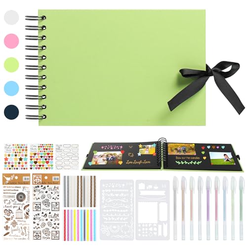 HXC Fotoalbum zum Selbstgestalten, A5 Scrapbook Album Klein 60 Seiten Fotobuch zum Selbstgestalten DIY Geschenk Scrapbooking Set mit Stiften Schablonen Aufkleber Fotoecken, Grün von HXC