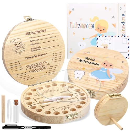 HXC Zahndose Milchzähne Mädchen Jungen Original Personalisierbare Milchzahndose Zahnbox Holz Milchzähne Box zur Aufbewahrung von Milchzähnen mit Zahnfeebrief, Kinder Zahnfee Geschenke von HXC