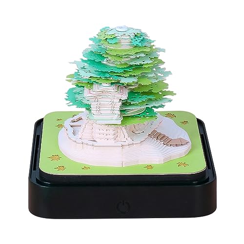 3D kalender Abreißen 2024, Schreibtischkalender mit Lichtern, 3D Memo Pad Papier Kunst Sakura Baum Kreative 3D Notizblock Papier Schnitzen Geschenk Desktop Dekoration (Grünes Baumhaus) von HXCQYGL
