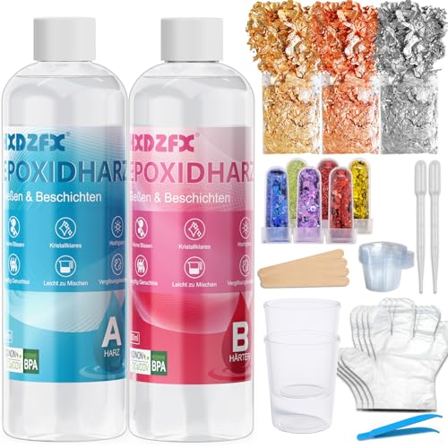 Epoxidharz Set mit Härter - 600 ml 1:1 Verhältnis Glasklar Epoxy Resin, Kunstharz Gießen mit Glitzer,Harz Farben,Goldfolie,für Anfänger, DIY-Harzkunst, Kunsthandwerk,Schmuckherstellung von HXDZFX