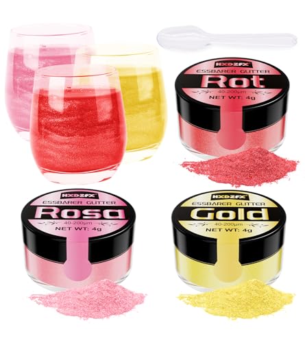 Essbares Glitzer Set - 3 Farben Glitzerpulver für Getränke, Geschmacksneutrales Lebensmittelfarbe Pulver, Glitzerpuder für Schokolade, Cocktail Drinks, Fondant, Drinks, Flüssigkeiten - 4g von HXDZFX