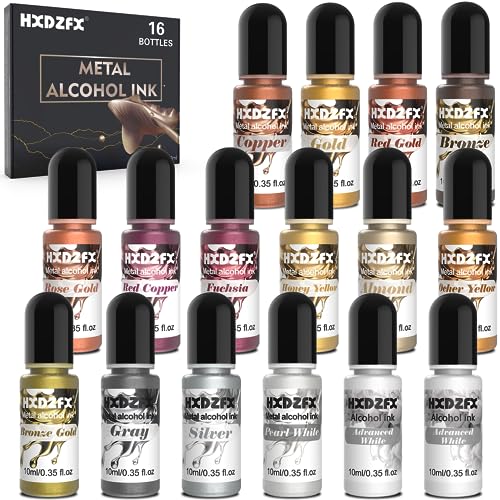Metal Alkohol Tinte Set -16 Farben Alcohol Ink, Alkoholtinte, Epoxidharz Farbe für Petrischalen Herstellung Konzentrierter für Harz Kunst, Becher Herstellung, Malen - je 10 ml (16 colors) von HXDZFX