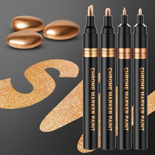 Metallic Stifte Set - Metallic Chrom Marker, Wasserfest Steine bemalen stifte, Glänzender Permanenter Flüssiger Acrylstifte für Holz, Harzmalerei, Modellieren, Bastel, Glass - Kupferfarbe 4 PCS von HXDZFX