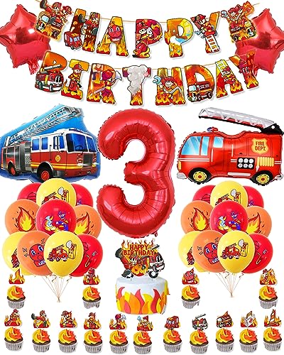 HXJFGDM Feuerwehr Geburtstag Deko - 3 Jahre Junge Kindergeburtstag Feuerwehrauto Deko Luftballons Set,Inklusive tortendeko und Banner，Folienballon Luftballon (3 Jahre) von HXJFGDM