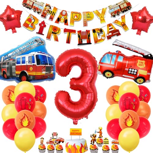 HXJFGDM Feuerwehr Geburtstag Deko - 3 Jahre Junge Kindergeburtstag Feuerwehrauto Deko Luftballons Set,Inklusive tortendeko und Banner，Folienballon Luftballon (3 Jahre) von HXJFGDM