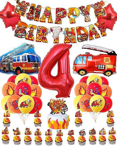 HXJFGDM Feuerwehr Geburtstag Deko - 4 Jahre Junge Kindergeburtstag Feuerwehrauto Deko Luftballons Set,Inklusive tortendeko und Banner，Folienballon Luftballon (4 Jahre) von HXJFGDM