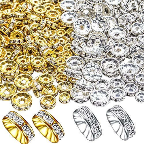 400 Stück 8 mm funkelnde Kristall-Abstandshalter, Gold/Silber, Rondelle-Abstandshalter, Kristall-Strasssteine, lose Perlen für Schmuck, Armbänder, Bastelarbeiten von HXLJHALG