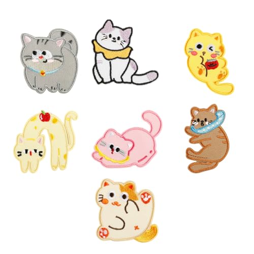 Bestickte Aufnäher mit Kätzchen-Motiv, Cartoon-Katzen, zum Aufbügeln, für Jeans, zum Aufnähen oder Aufbügeln, 7 Stück Bestickte Aufnäher mit Kätzchen-Motiv, Cartoon-Katzen, zum Aufbügeln, für Jeans, zum Aufnähen oder Aufbügeln, 7 Stück von HXNH