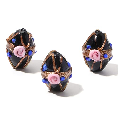 HXSCOO 5 Stück Vintage Lampwork Glas Flora Perlen Oval Multicolor Blume Abstandshalter Perlen DIY Armbänder Frauen Schmuck Geschenke ca. 17 mm x 13 mm (Color : Black) von HXSCOO