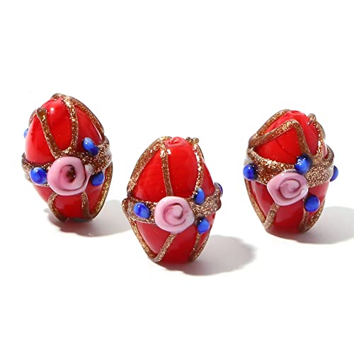 HXSCOO 5 Stück Vintage Lampwork Glas Flora Perlen Oval Multicolor Blume Abstandshalter Perlen DIY Armbänder Frauen Schmuck Geschenke ca. 17 mm x 13 mm (Color : Rot) von HXSCOO