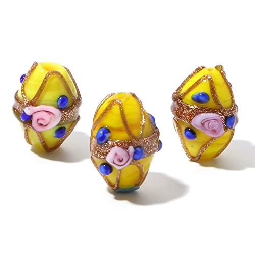 HXSCOO 5 Stück Vintage Lampwork Glas Flora Perlen Oval Multicolor Blume Abstandshalter Perlen DIY Armbänder Frauen Schmuck Geschenke ca. 17 mm x 13 mm (Color : Yellow) von HXSCOO