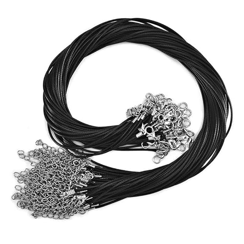 HXSCOO 50 Teile/los 1,5/2mm Lederband Halskette mit karabinerverschluss wachs Seil Kette for DIY halsketten anhänger wachs Schnur schmucksachen (Color : Black 60CM, Size : 2mm) von HXSCOO