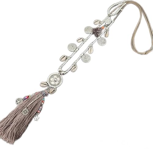 HXSCOO Antike Silberne Metall-Abstrakte Boho-große runde Muschel-Medaillon-Schmuck-Anhänger-Halsketten an Langer Gliederkette (Color : Caki) von HXSCOO