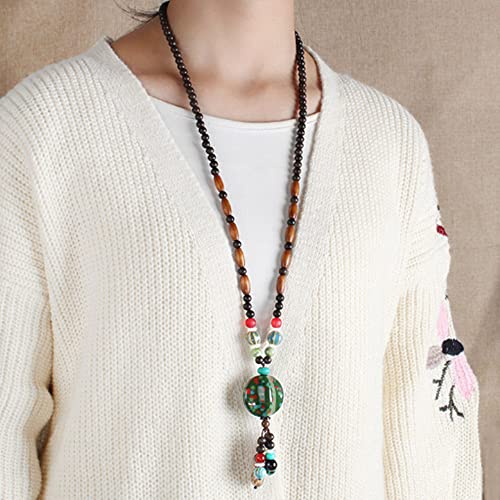 HXSCOO Retro ethnische Holzperlen handgemachte Keramik Anhänger Halskette Lange Pullover Kette (Color : Green) von HXSCOO