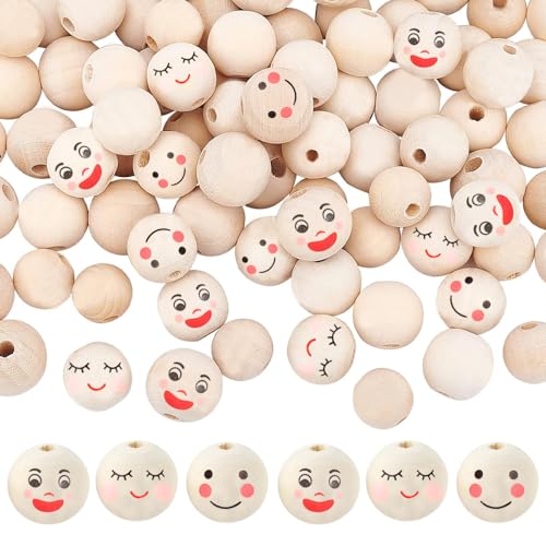 Holzperlen mit Gesicht, 60 Stück Lächeln Gesicht holzperle Holzperlen Natur Kreative runde perlen für DIY Schmuck Kinder schmuck Machen zubehör, 20mm von HXSYKJDM