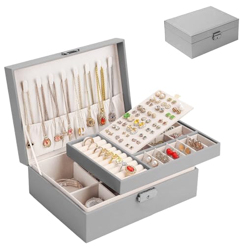 Schmuckkästchen 2 Ebenen, Schmuckaufbewahrung, Schmuckbox Schmuckkasten für Ringe, Schmuckschatulle Damen, Schmuck Organizer Reise Schmuckkästchen Abnehmbares für Ringe, Ohrringe, Halsketten (Grau) Schmuckkästchen 2 Ebenen, Schmuckaufbewahrung, Schmuckbox Schmuckkasten für Ringe, Schmuckschatulle Damen, Schmuck Organizer Reise Schmuckkästchen Abnehmbares für Ringe, Ohrringe, Halsketten (Grau) von HXSZHOI