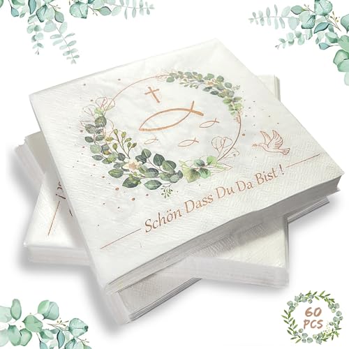 60 Stück Servietten Taufe Kommunion Konfirmation Deko, 33x33cm Servietten Fisch Um Eukalyptus Papierservietten, Tischdeko für Taufe, Kommunion, Konfirmation von HXUING
