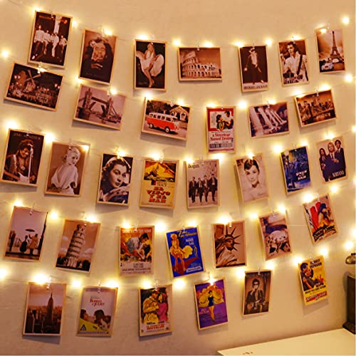 120 LEDs Fotoclips Lichterkette, Warmweiß 40ft Lichterkette mit 52 Klammern und 12 Haken an der Wand, Timer 8 Modi USB Batteriebetrieben Foto Lichterkette für Bilder,Zimmer, Weihnachten, Hochzeiten von HXWEIYE