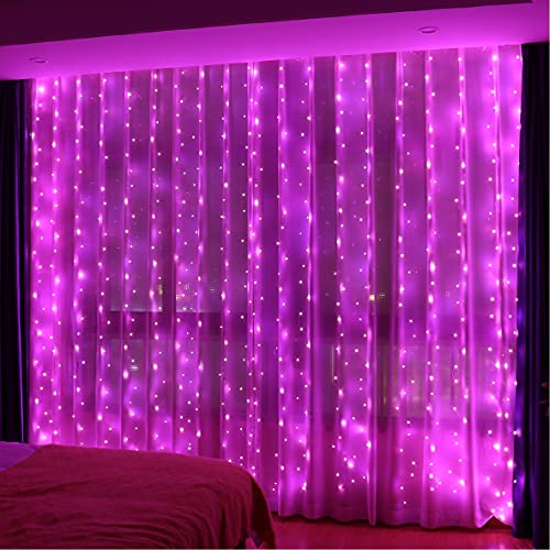 HXWEIYE 300LED Rosa Lichtervorhang, 3mx3m Lichterkettenvorhang USB 8 Modi LED Lichterkette mit 12 Haken Fernbedienung Timer verstellbare Helligkeit für Weihnachten Party Innen und außen Deko von HXWEIYE