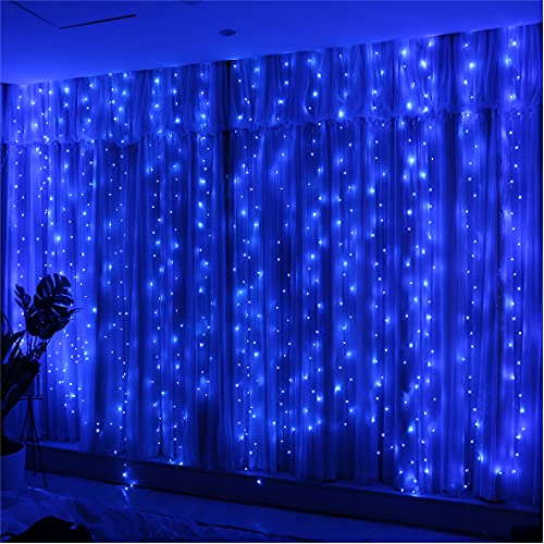 HXWEIYE Lichterkette, Vorhang, Blau, 300 LEDs, 3 m x 3 m, 8 Leuchtmodi, USB, Fernbedienung, Lichterkette mit Timer, für Zimmer, Fenster, Hochzeit, Party, Weihnachten von HXWEIYE