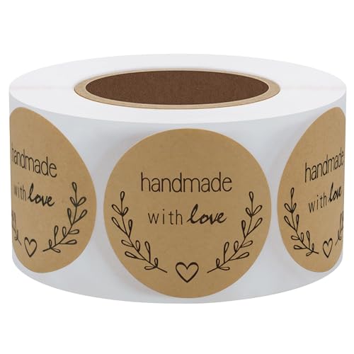 Natural Kraft Olivenzweig Handmade with Love Sticker 3,8 cm rund insgesamt 500 Etiketten auf einer Rolle von HYBSK
