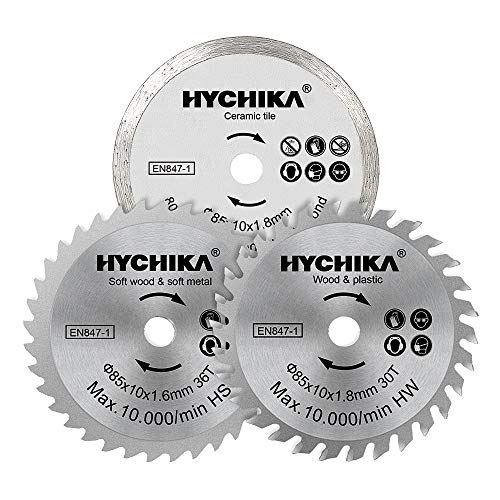 HYCHIKA Mini Kreissägeblätter 3 Stücke Durchmesser: 85 mm, Dorn: 10 mm, HC/HS/Sägeblatt für Fliesen 4500 U/min, Anwendbare Maschinenmodellnummer: M1Y-DU05-85 von HYCHIKA BETTER TOOLS FOR BETTER LIFE