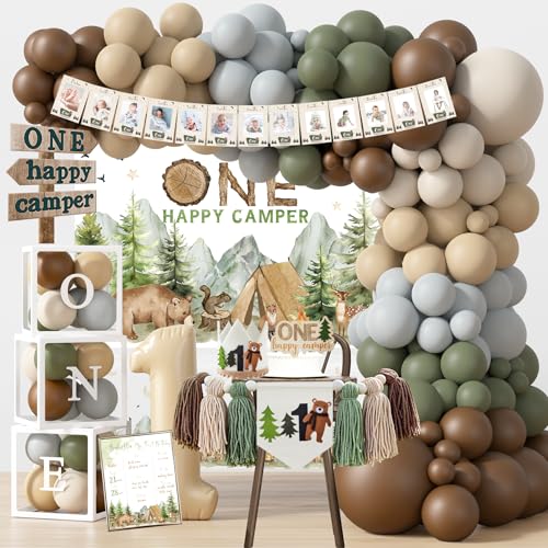 One Happy Camper Geburtstagsdekoration, Camping-1. Geburtstag, Partyzubehör mit Ballonbogen, Ballonbox, Hintergrund, Hochstuhl-Banner, Krone, Kuchendekoration, Tischdecke One Happy Camper Geburtstagsdekoration, Camping-1. Geburtstag, Partyzubehör mit Ballonbogen, Ballonbox, Hintergrund, Hochstuhl-Banner, Krone, Kuchendekoration, Tischdecke von HYCSANBAO