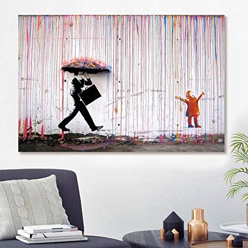 Banksy Bunte Regen Poster und Drucke Dekoration Home Ölgemälde Leinwand Abstrakte dekorative Bilder Artwork 24"x32" (60x80cm) mit Rahmen von HYFBH