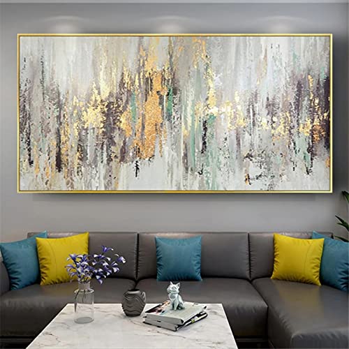 Gedruckte große Wandkunst Abstraktes brillantes Gold-Ölgemälde Moderne Gemälde auf Leinwand Home Office Wanddekoration Bilder 70 x 145 cm (28 x 57 Zoll) mit Rahmen von HYFBH