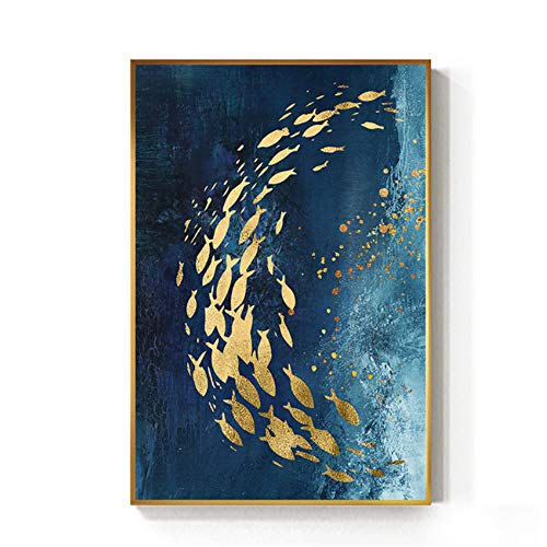 HYFBH Abstrakte Gold Fisch Chinesische Leinwand Malerei Big Blue Poster Print Wandkunst Für wohnzimmer Gang Gold tableaus Bild-60x80 cm Kein Rahmen von HYFBH