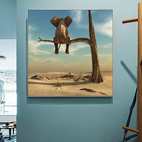 HYFBH Elefant sitzt auf einem Ast Wohnkultur Gemälde auf Leinwand Poster druckt Wandkunst Bild für Wohnzimmer Dekoration 60 x 60 cm (24 "x 24") Ungerahmt von HYFBH