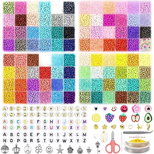 HYHJMISTY 12000PCS 4mm Perlen Set, Perlen für Armbänder, Glasperlen zum Auffädeln, Glasperlen Kit mit 300pcs Buchstabenperlen＆Böse Augen Perlen, Perlenset für DIY Armband Schmuckherstellung von HYHJMISTY