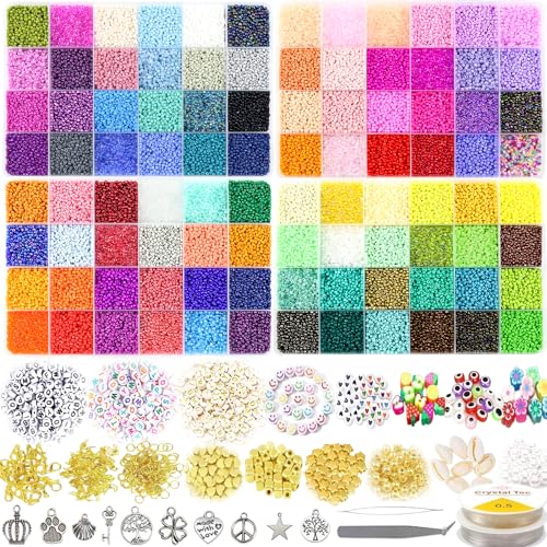 HYHJMISTY 52000PCS 96 Farben Glasperlen Kit 2mm, Bunte Glasperln Selber Machen Set, Perlen Set für Armbänder/Halskette DIY machen mit Buchstaben Perlen, Evil Eye Perlen, Schere&2pcs 0.5mm Clear Thread HYHJMISTY 52000PCS 96 Farben Glasperlen Kit 2mm, Bunte Glasperln Selber Machen Set, Perlen Set für Armbänder/Halskette DIY machen mit Buchstaben Perlen, Evil Eye Perlen, Schere&2pcs 0.5mm Clear Thread von HYHJMISTY