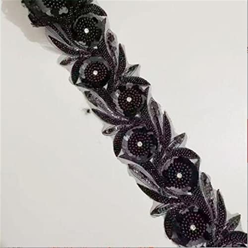 Applikationen, DIY-Nähzubehör, 1 Yard Strass Kristall Pailletten Blume Applique Perlen Band for Hochzeit Kleid Multicolor(Black) von HYQOUKLR