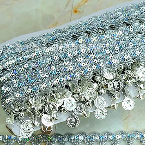 Applikationen, DIY-Nähzubehör, Pailletten-Klöppelspitze, Fransenbesatz, mehrfarbig, 4 cm, 2,7 m(Silver) von HYQOUKLR