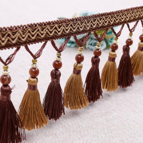 Fransenborte mit Quasten, 4 Meter Perlen Fransenbesatz, Geflochtener Perlenquastenbesatz, Nähbesatz Fransen(Brown) von HYQOUKLR