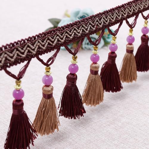 Fransenborte mit Quasten, 4 Meter Perlen Fransenbesatz, Geflochtener Perlenquastenbesatz, Nähbesatz Fransen(Dark Brown) von HYQOUKLR