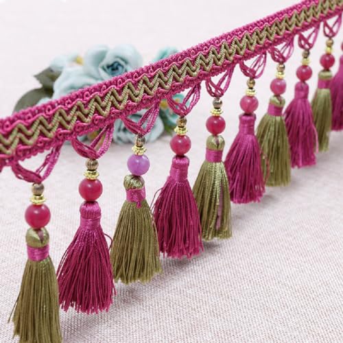 Fransenborte mit Quasten, 4 Meter Perlen Fransenbesatz, Geflochtener Perlenquastenbesatz, Nähbesatz Fransen(Rose Red) von HYQOUKLR