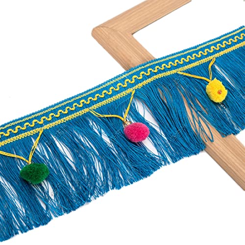 Fransenborte mit Quasten, 4 Yards Multicolor Hängen Pom Pom Ball Quaste Trim Fringe Trimmen Applique Stoff(Blue) von HYQOUKLR