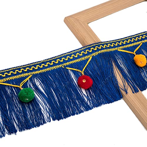 Fransenborte mit Quasten, 4 Yards Multicolor Hängen Pom Pom Ball Quaste Trim Fringe Trimmen Applique Stoff(Gem Blue) von HYQOUKLR