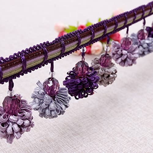 Fransenborte mit Quasten, 4 Yards geflochtene Perlenquaste Vorhang Fransenbesatz, Pom Pom Spitze Perlen Kugel Quaste Trimmen(Deep Purple) von HYQOUKLR