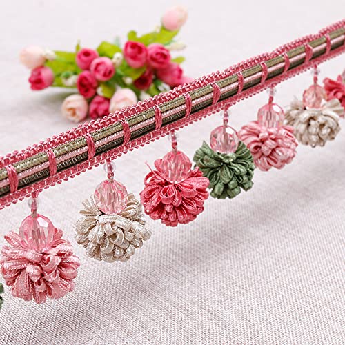 Fransenborte mit Quasten, 4 Yards geflochtene Perlenquaste Vorhang Fransenbesatz, Pom Pom Spitze Perlen Kugel Quaste Trimmen(Pink) von HYQOUKLR