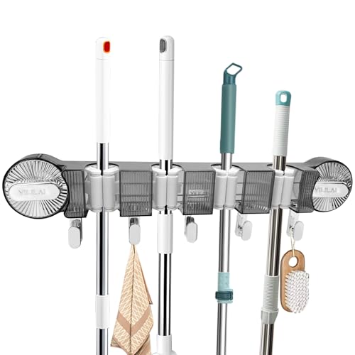 HYSHLC Besenhalterung Wand, Wandhalterung mit 4 Halter und 5 Haken, Mopphalter Wandhaken Selbstklebend Werkzeughalter ohne Bohren für Küche Badezimmer Garten Garage Multifunktionen HYSHLC Besenhalterung Wand, Wandhalterung mit 4 Halter und 5 Haken, Mopphalter Wandhaken Selbstklebend Werkzeughalter ohne Bohren für Küche Badezimmer Garten Garage Multifunktionen von HYSHLC