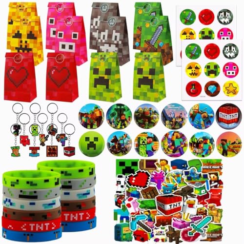 HYZMSZA 96 Stück Videospiel Spiel Party Mitgebsel, Videospiel Party Mitgebsel mit Videospiel Schlüsselanhänger Partytüten Silikon Armband Knopfnadeln Aufkleber für Kindergeburtstag Mitgebsel Deko von HYZMSZA