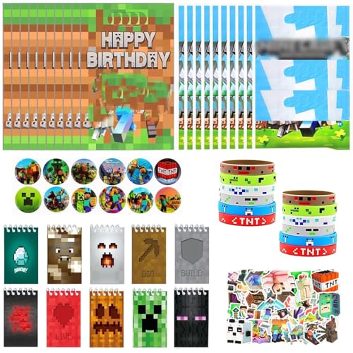 HYZMSZA 104 Pcs Videospiel Party Mitgebsel, Kindergeburtstag Gastgeschenke, Pixel Party Mitgebsel Kinder mit Spiel Armbänder Geschenktüten Notizbuch Aufkleber Anstecker von HYZMSZA